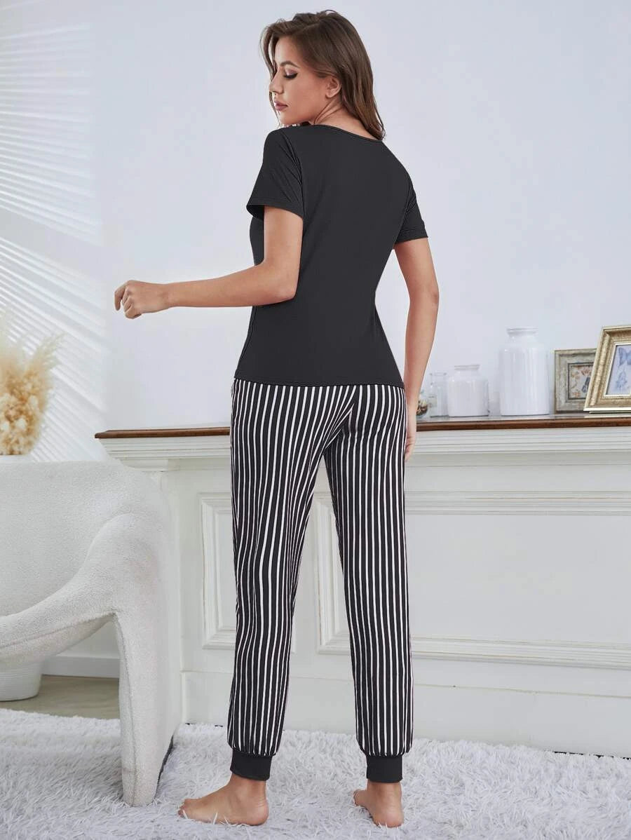 Letter Graphic T Shirt And Striped Pants Set-Soco Hoodie