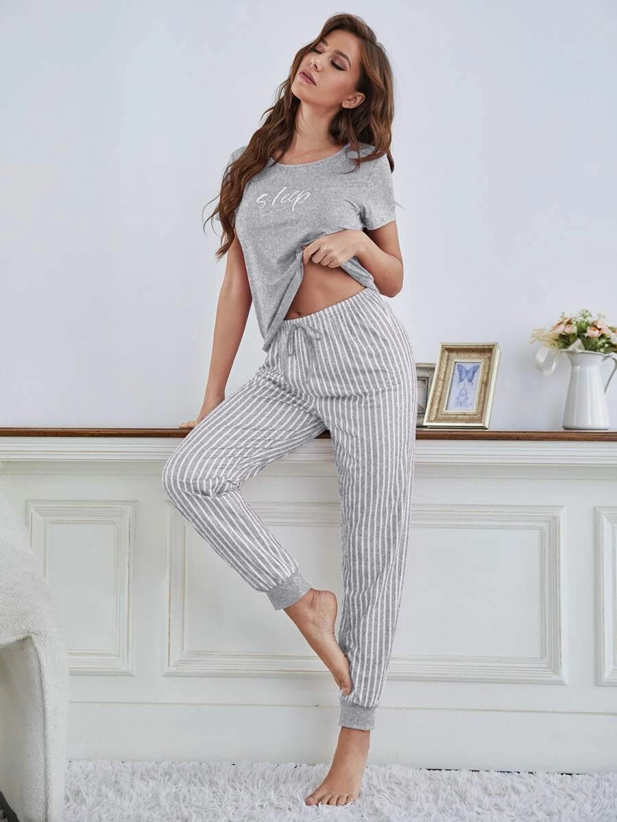 Letter Graphic T Shirt And Striped Pants Set-Soco Hoodie