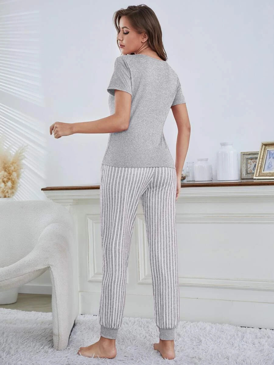 Letter Graphic T Shirt And Striped Pants Set-Soco Hoodie