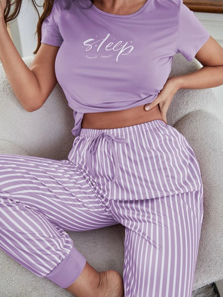 Letter Graphic T Shirt And Striped Pants Set-Soco Hoodie