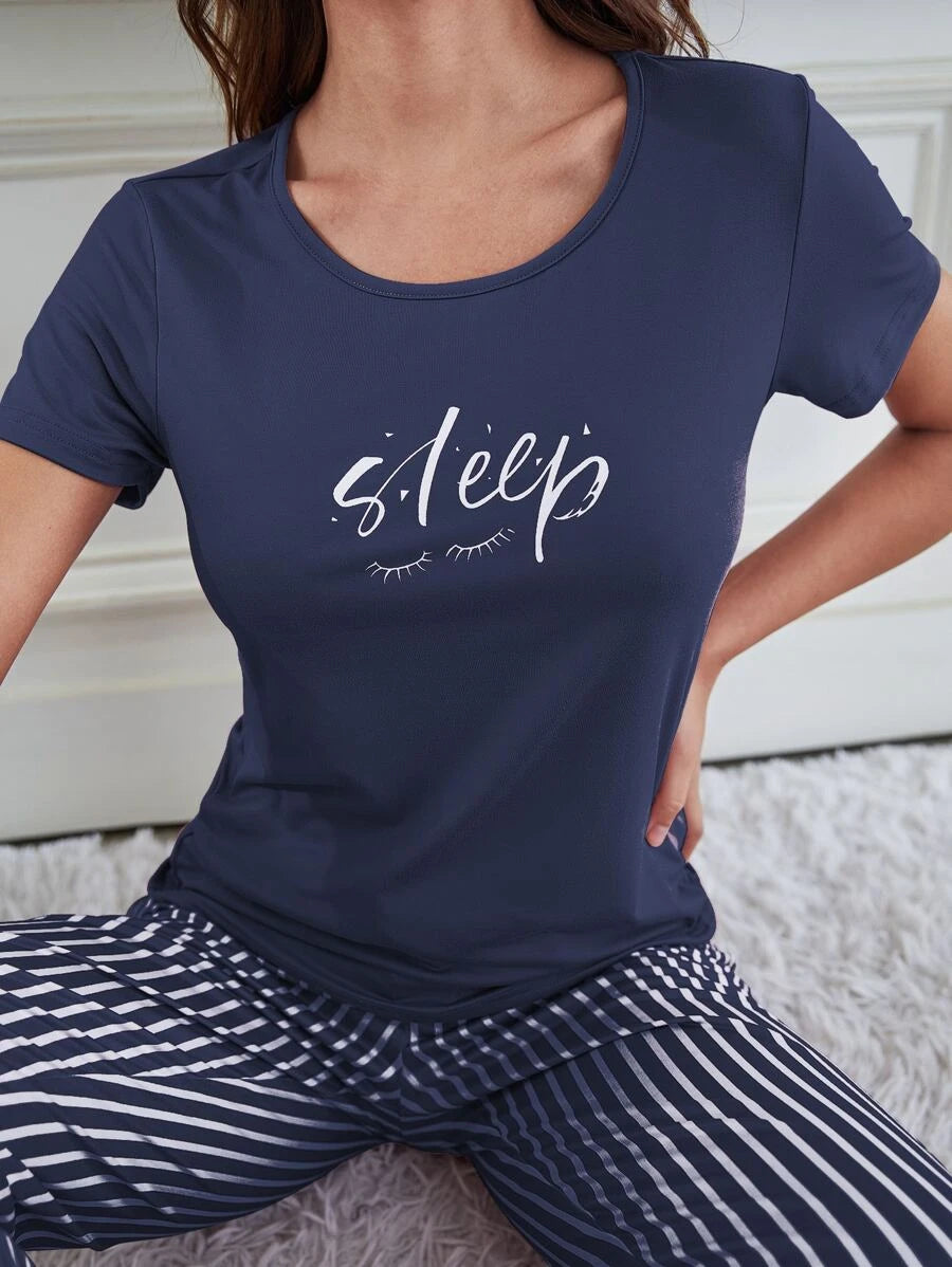 Letter Graphic T Shirt And Striped Pants Set-Soco Hoodie