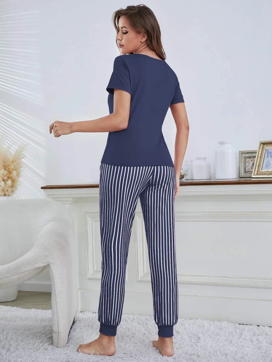 Letter Graphic T Shirt And Striped Pants Set-Soco Hoodie