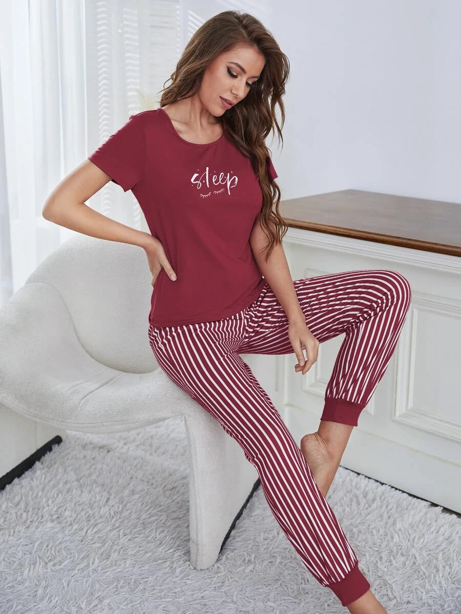 Letter Graphic T Shirt And Striped Pants Set-Soco Hoodie