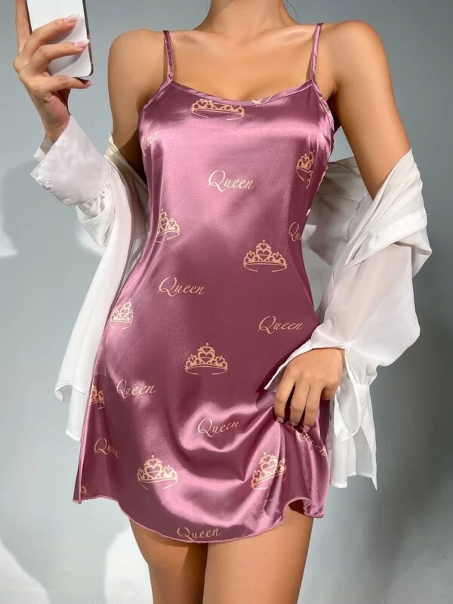 Letter Pattern Satin Cami Nightdress-Soco Hoodie