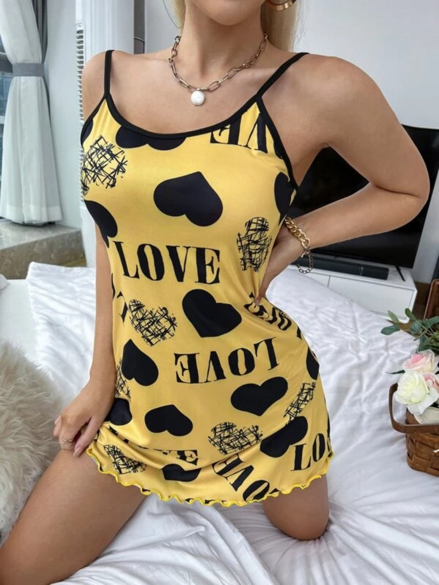 Letter Print Lettuce Trim Contrast Binding Cami Night Dress-Soco Hoodie