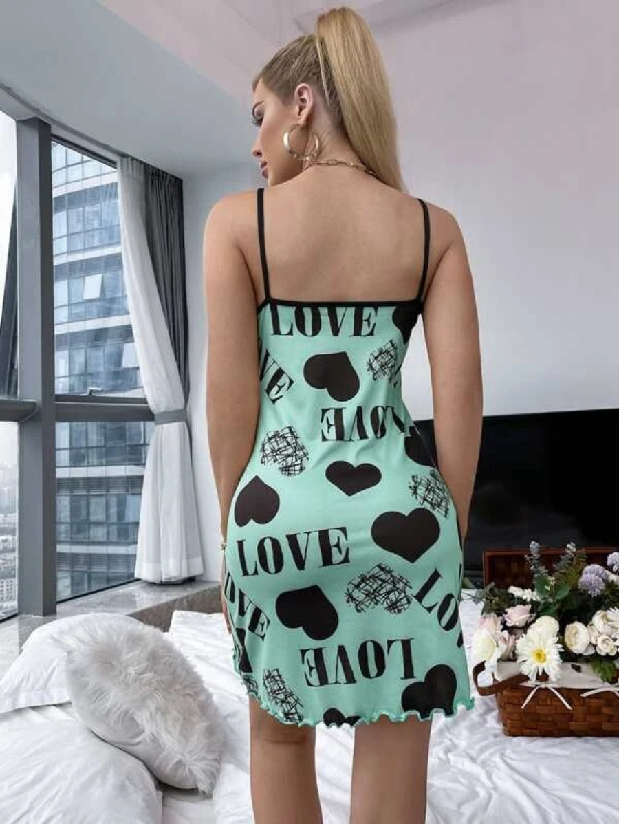 Letter Print Lettuce Trim Contrast Binding Cami Night Dress-Soco Hoodie