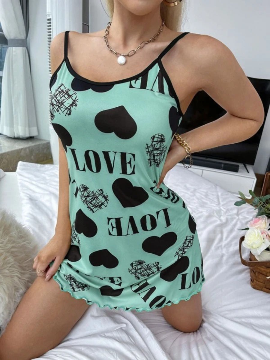 Letter Print Lettuce Trim Contrast Binding Cami Night Dress-Soco Hoodie