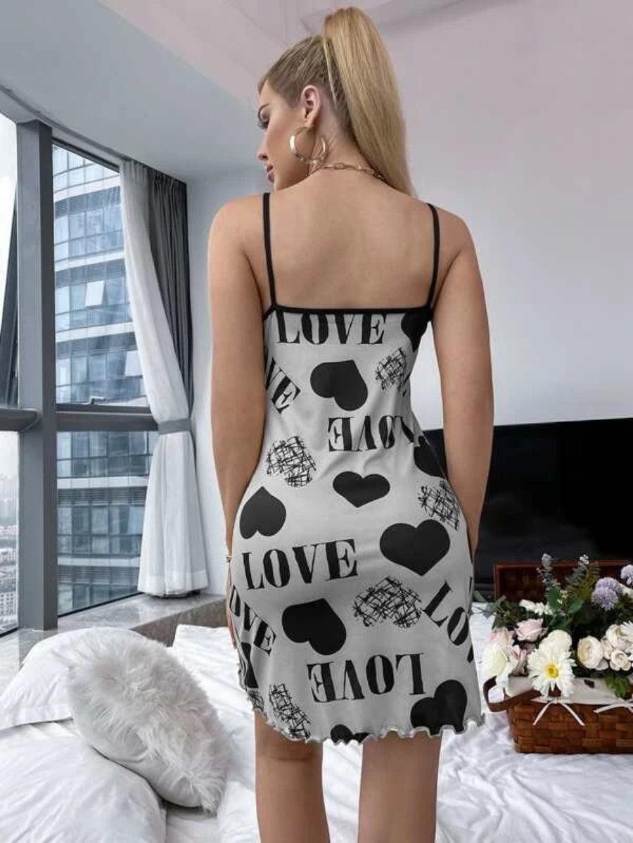 Letter Print Lettuce Trim Contrast Binding Cami Night Dress-Soco Hoodie