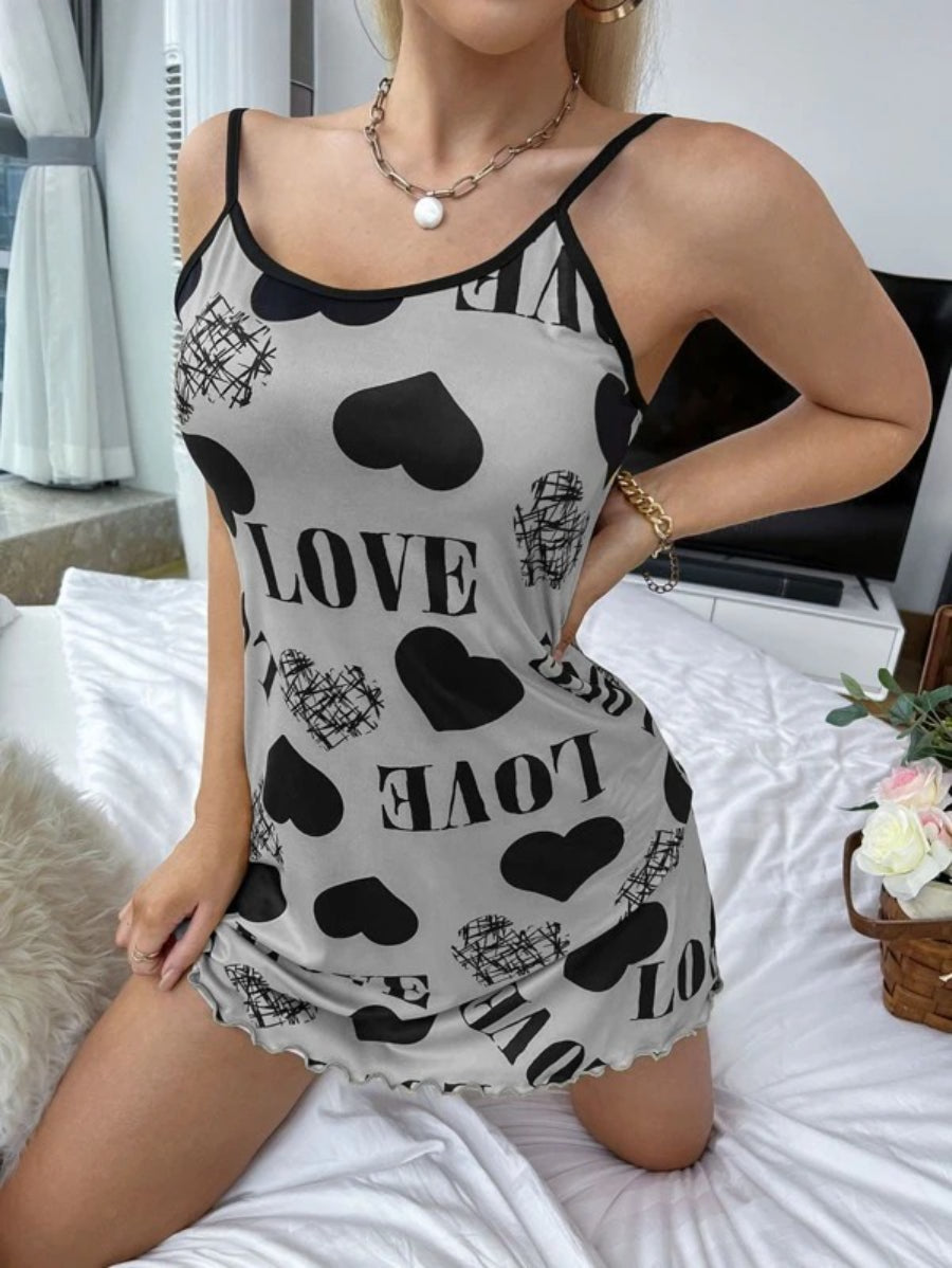 Letter Print Lettuce Trim Contrast Binding Cami Night Dress-Soco Hoodie