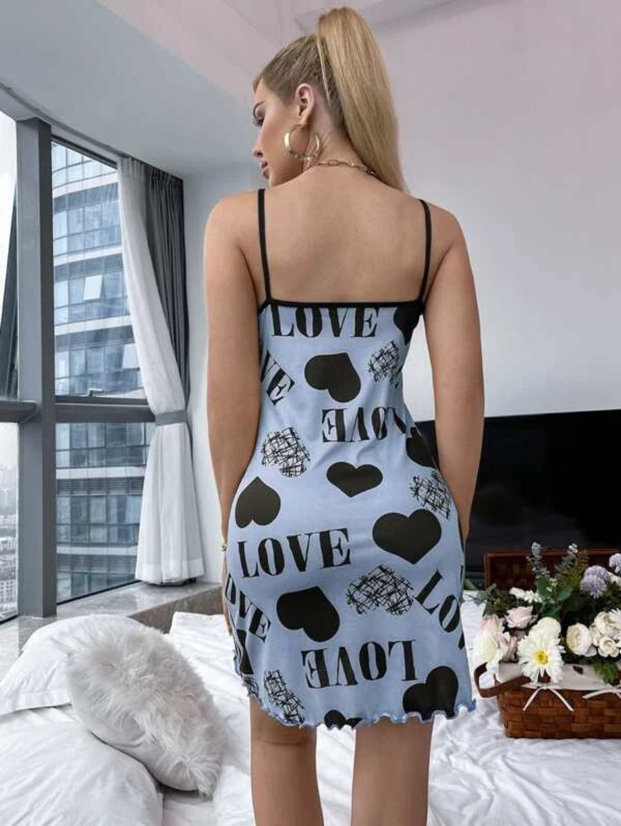 Letter Print Lettuce Trim Contrast Binding Cami Night Dress-Soco Hoodie