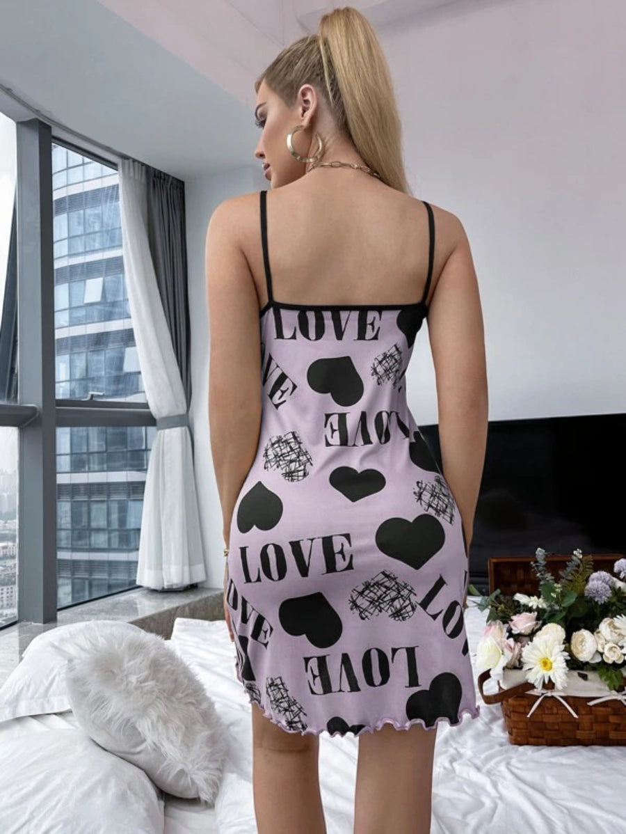 Letter Print Lettuce Trim Contrast Binding Cami Night Dress-Soco Hoodie