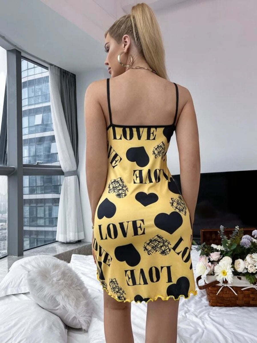 Letter Print Lettuce Trim Contrast Binding Cami Night Dress-Soco Hoodie