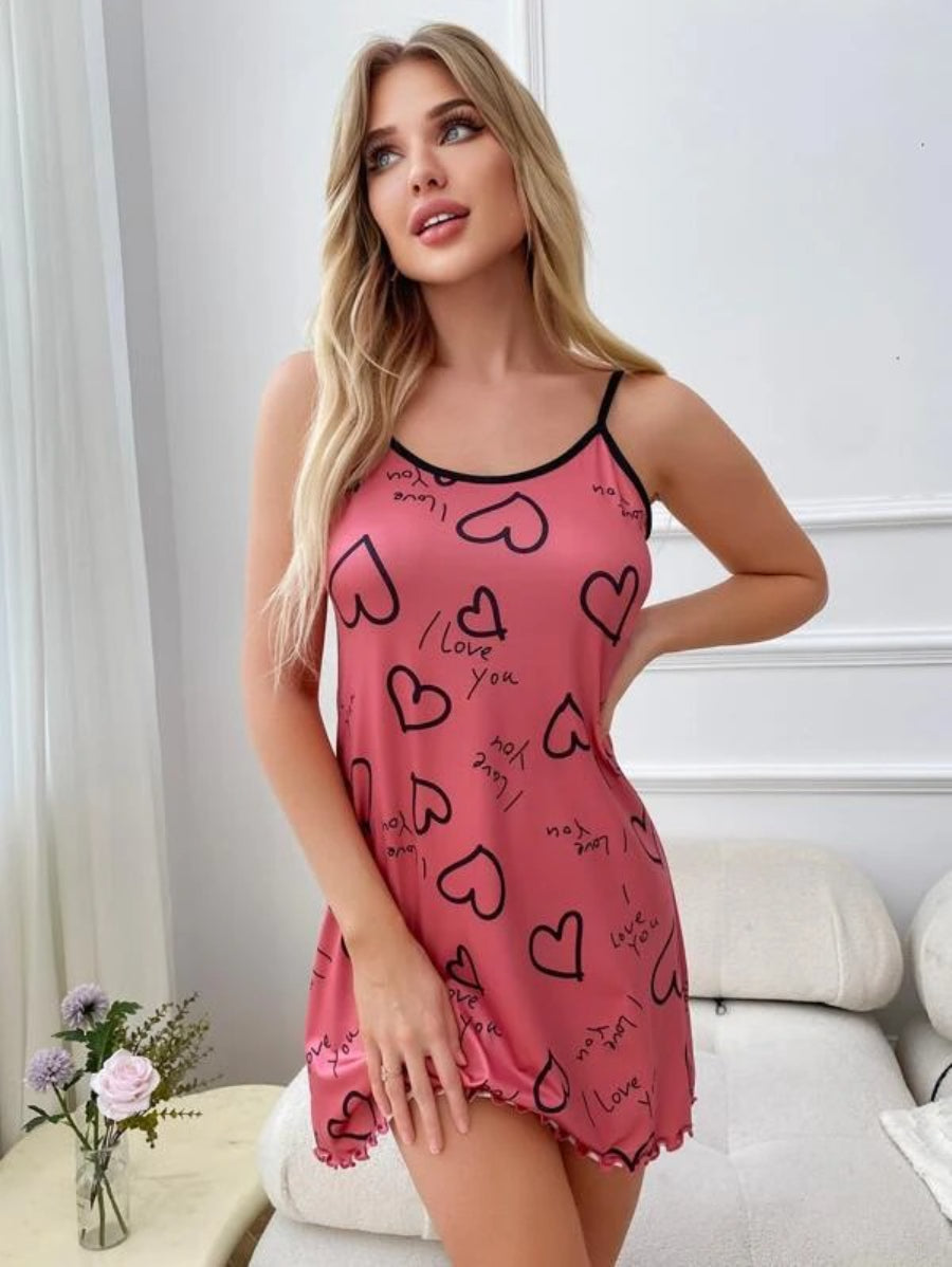 Letter Printed Lettuce Trim Contrast Binding Cami Nightdress-Soco Hoodie