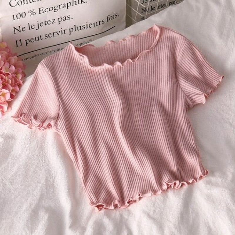 Korean Slim Curl Short Stripe T-Shirts For Women-Soco Hoodie