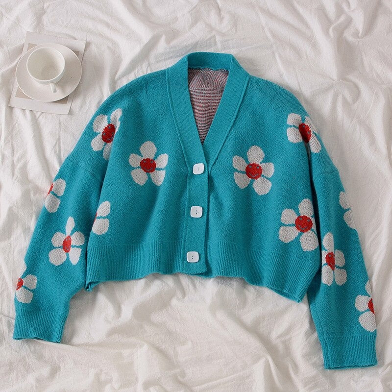 V-Neck Knitwear Loose Floral Knitted Sweater Cardigan-Soco Hoodie