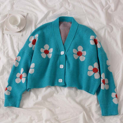 V-Neck Knitwear Loose Floral Knitted Sweater Cardigan-Soco Hoodie