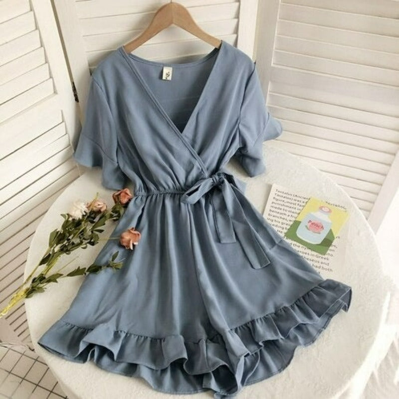 Women's Solid Color Short Ruffle Playsuit-Soco Hoodie