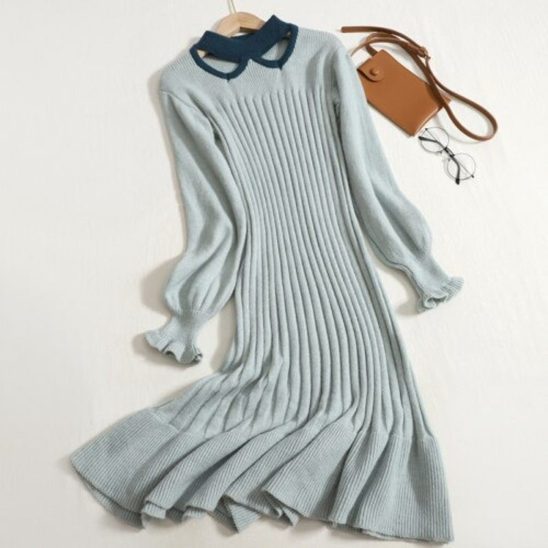 Hollowed Out Collar Ruffles Knitted Sweater Dress-Soco Hoodie