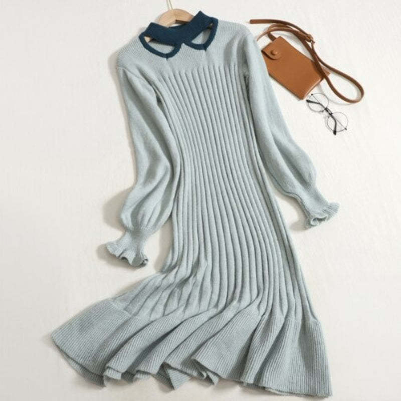 Hollowed Out Collar Ruffles Knitted Sweater Dress-Soco Hoodie