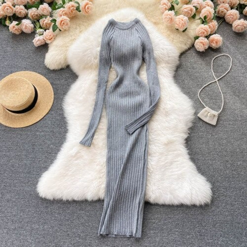 O-Neck Elastic Warm Knitted Sweater Dress-Soco Hoodie