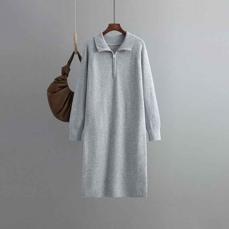 Zipper Turtleneck Thick Knitted Sweater Dress-Soco Hoodie