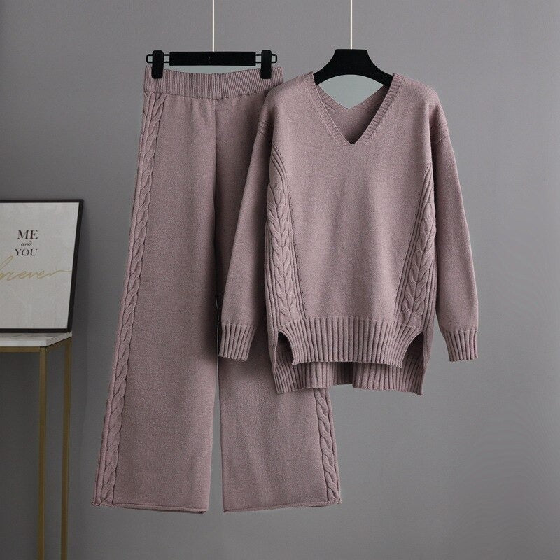 Loose Sweater And Knitted Wide Leg Pants For Women-Soco Hoodie