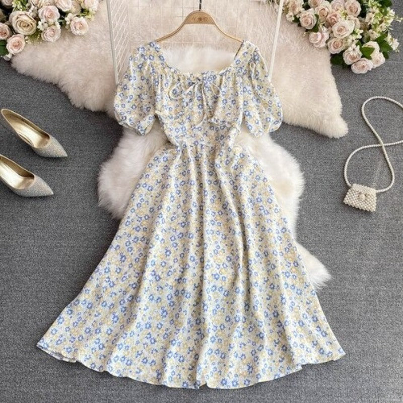 High Waist Floral Chiffon Short Sleeve Dress For Women-Soco Hoodie