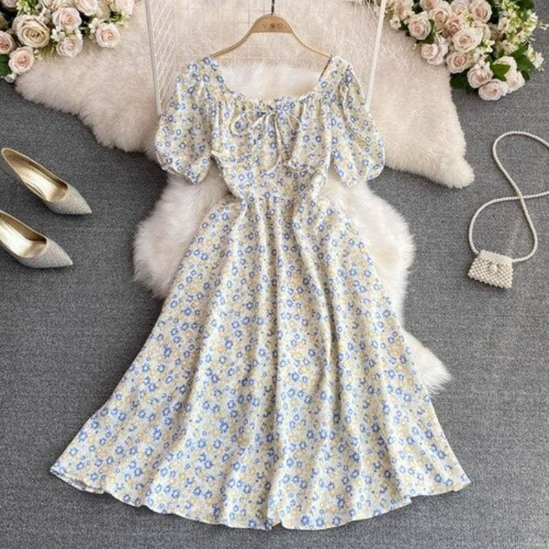 High Waist Floral Chiffon Short Sleeve Dress For Women-Soco Hoodie