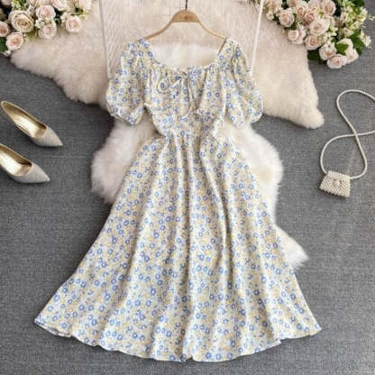 High Waist Floral Chiffon Short Sleeve Dress For Women-Soco Hoodie
