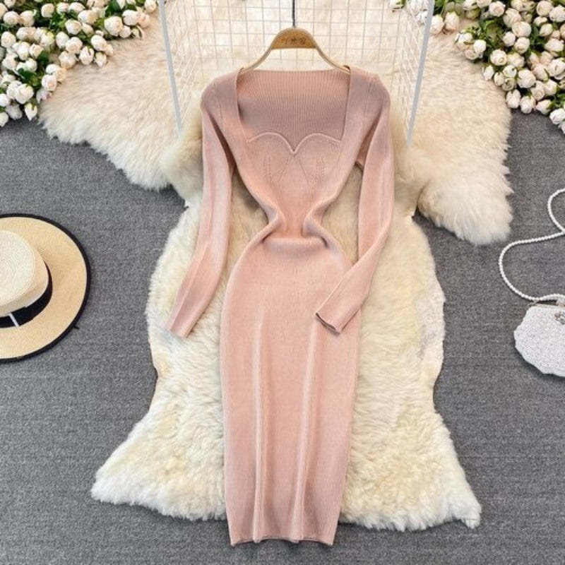 Elegant Low Neck Tight Stretch Knit Dress For Women-Soco Hoodie