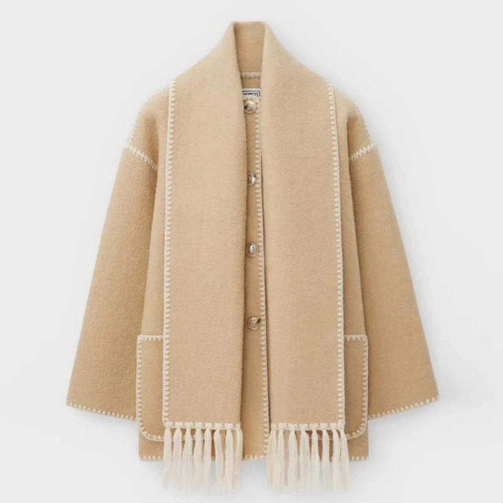 Contrast-trim Scarf Wool Jacket Beige