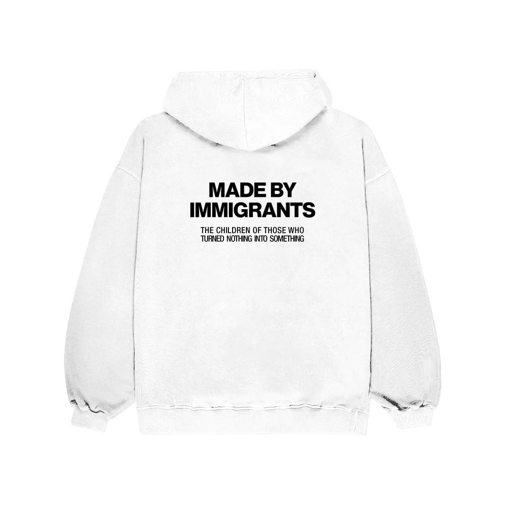 Made by Immigrants Oversized Statement Hoodie With Celebrate identity White