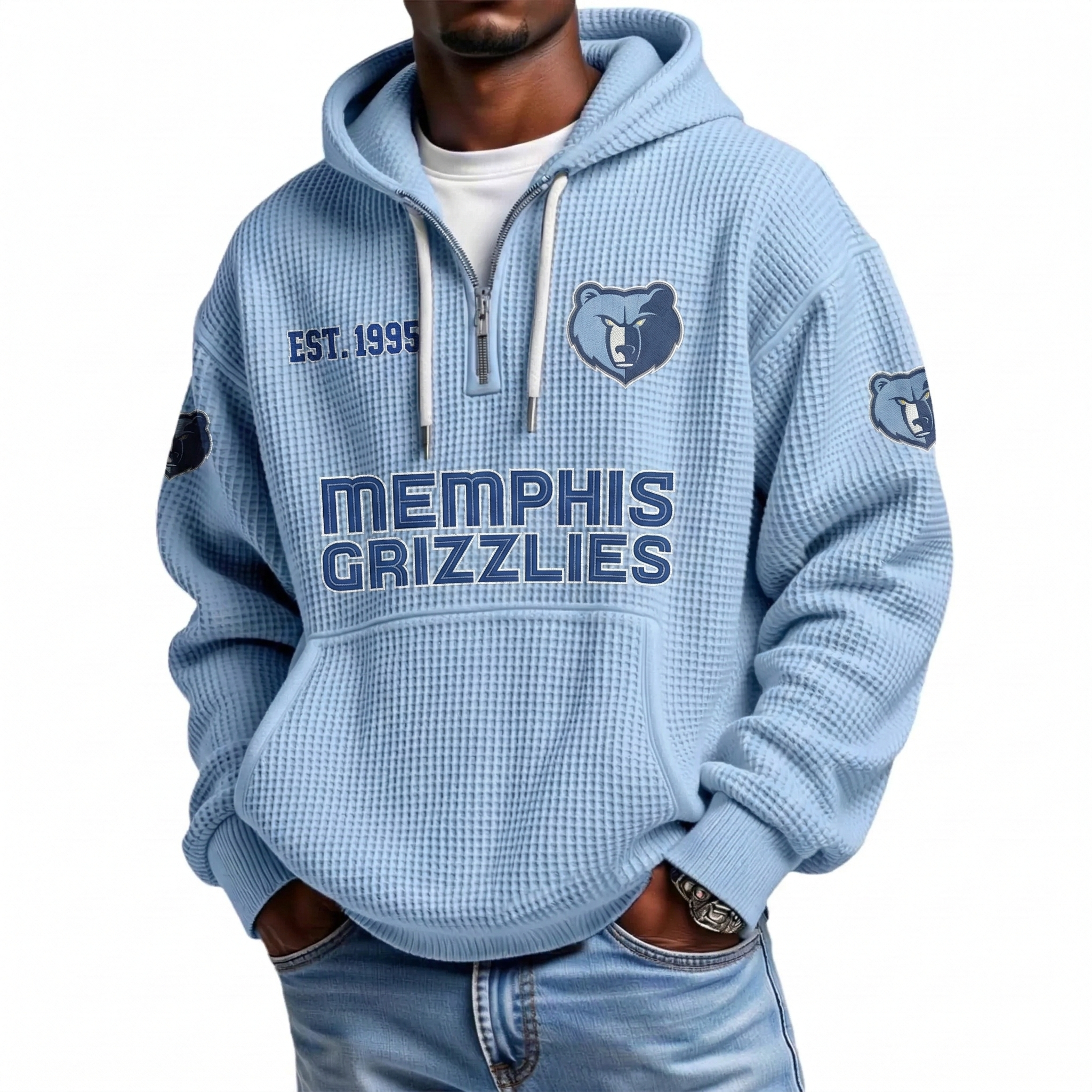 Memphis Grizzlies EST 1995 Printed Waffle Quarter Zip Basketball Fan Hoodie