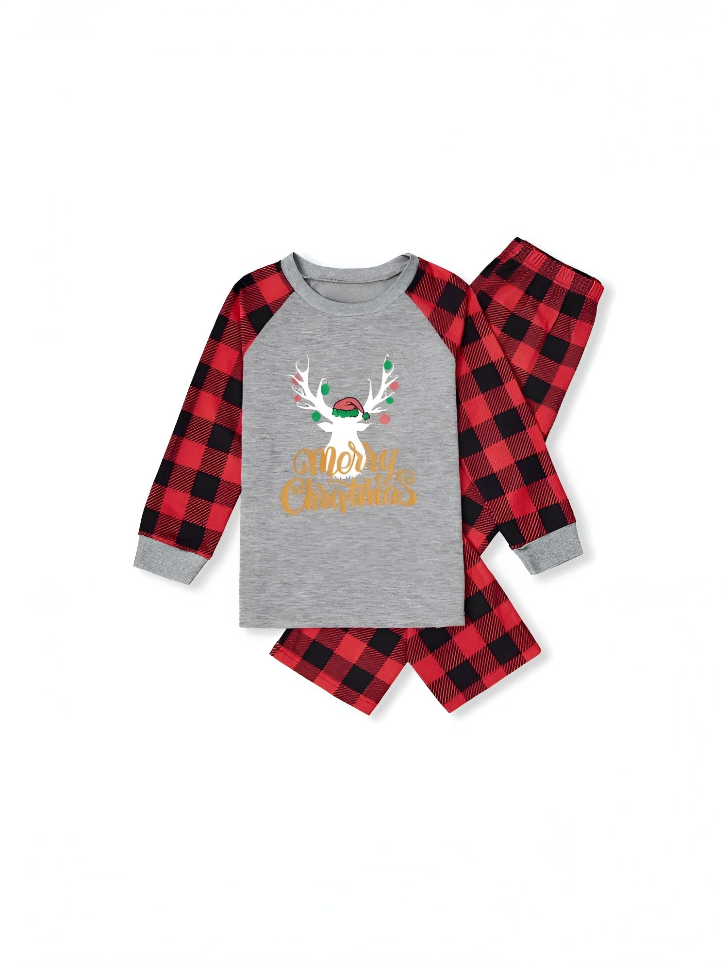 Merry Christmas And Plaid Printed Family Matching Pajama Set Gray