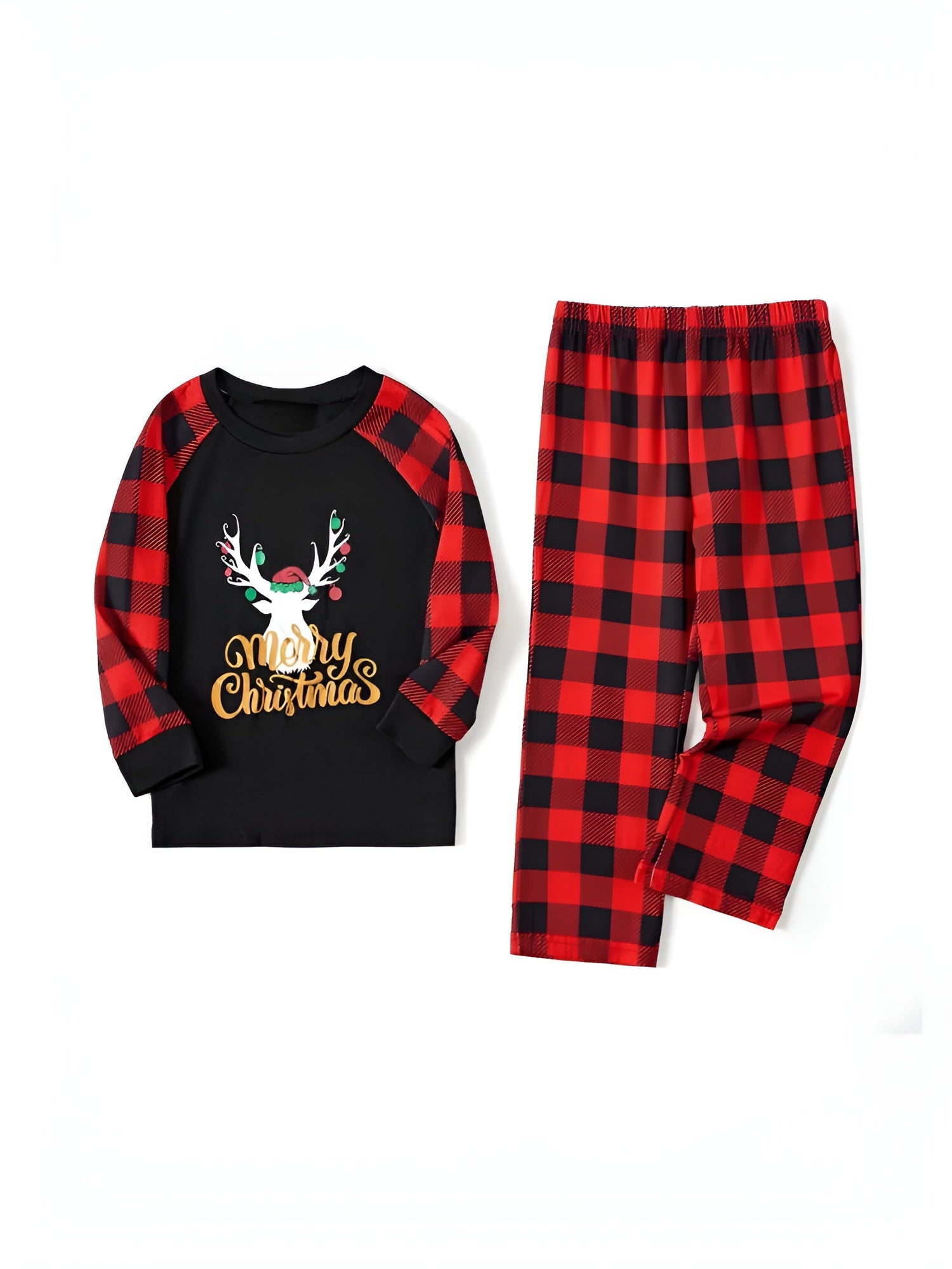 Merry Christmas And Plaid Printed Family Matching Pajama Set Black Kids