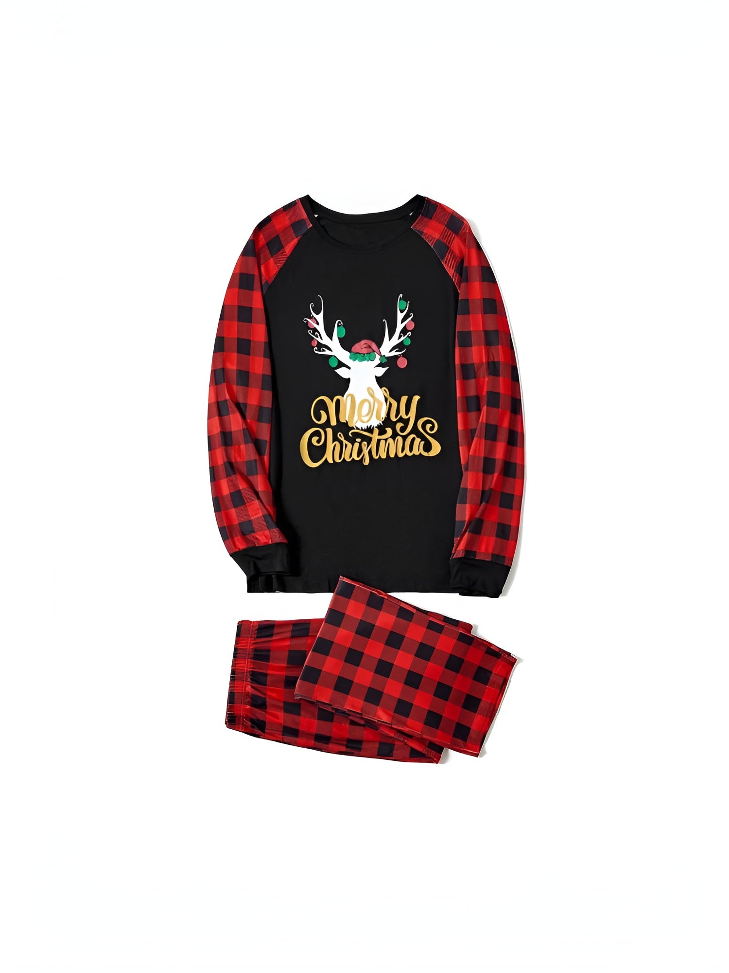 Merry Christmas And Plaid Printed Family Matching Pajama Set Black