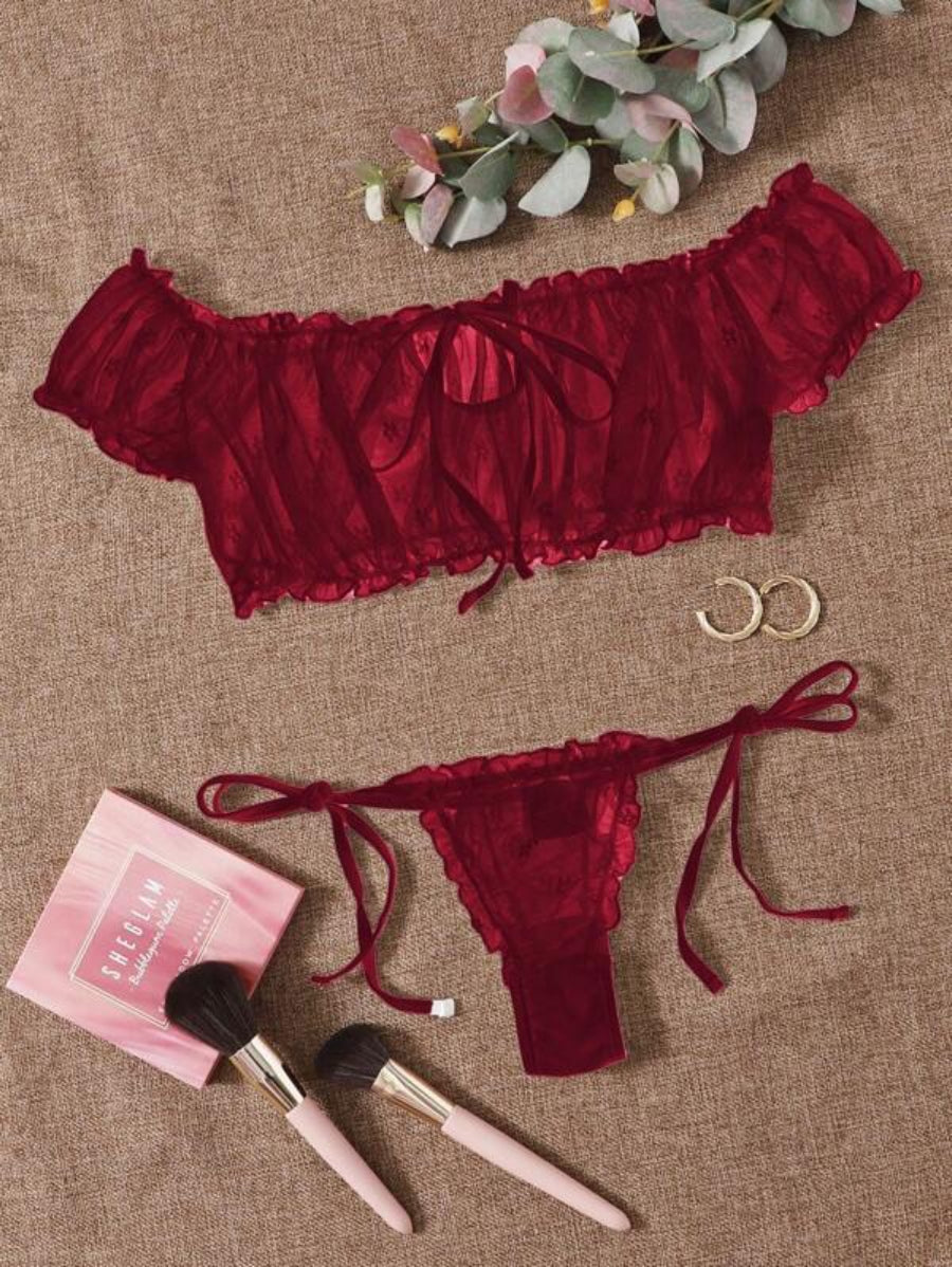 Mesh Lettuce Trim Lingerie Set-Soco Hoodie