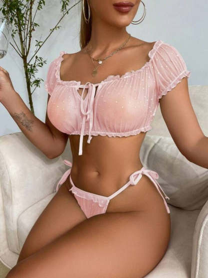 Mesh Lettuce Trim Lingerie Set-Soco Hoodie