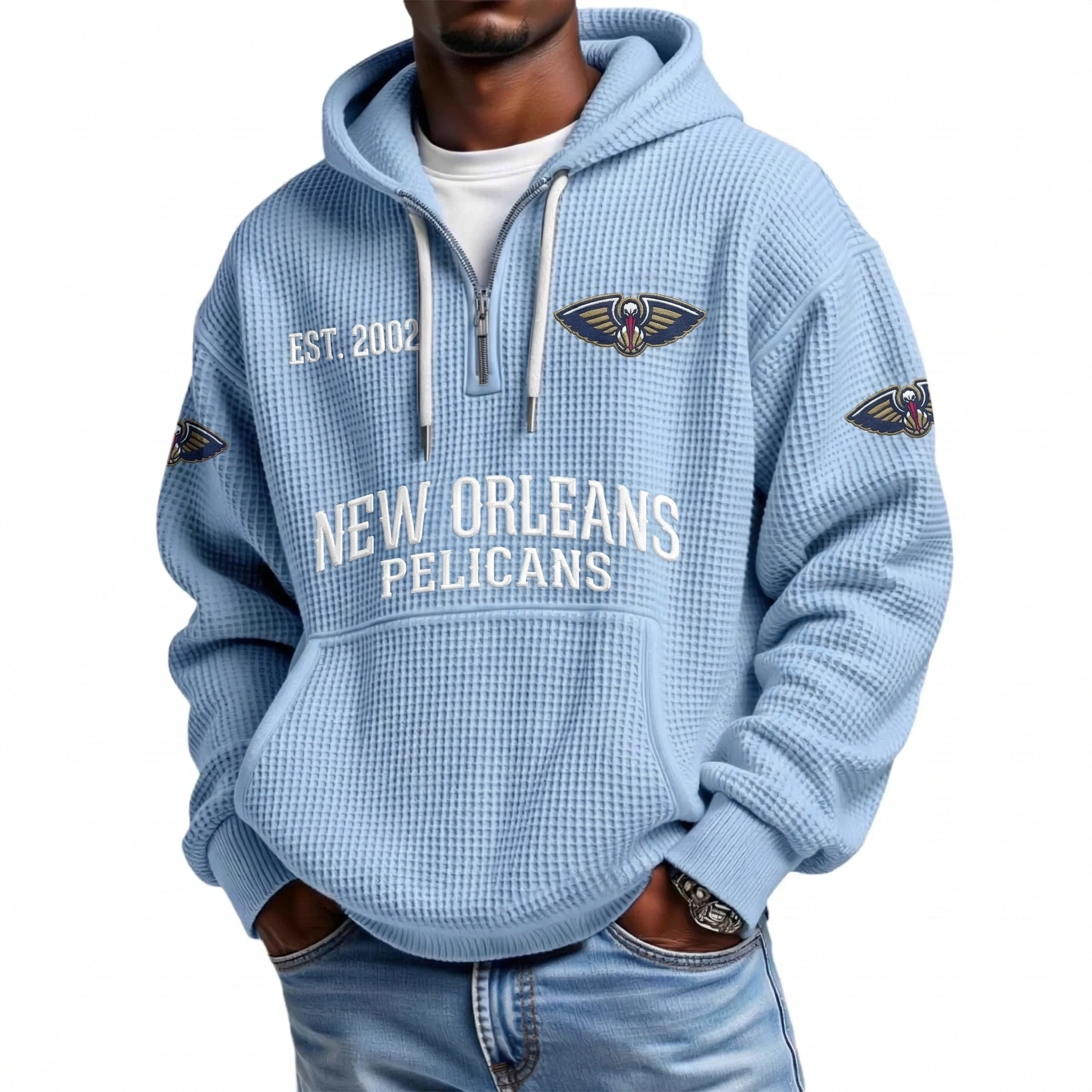 New Orleans Pelicans EST 2002 Printed Waffle Quarter Zip Basketball Fan Hoodie