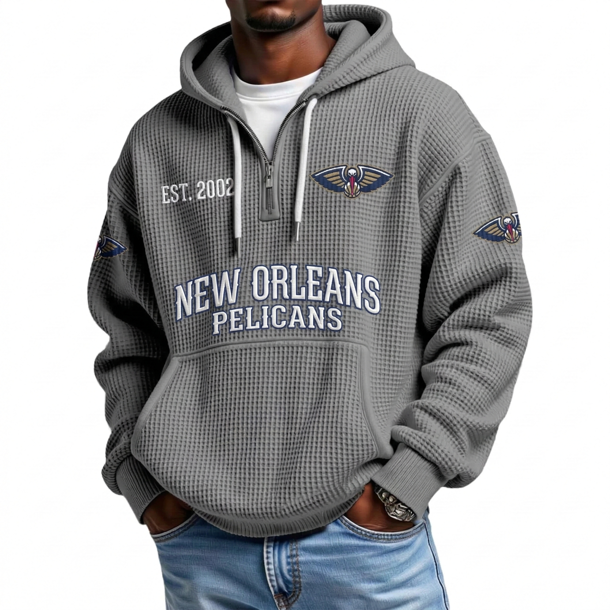 New Orleans Pelicans EST 2002 Printed Waffle Quarter Zip Basketball Fan Hoodie
