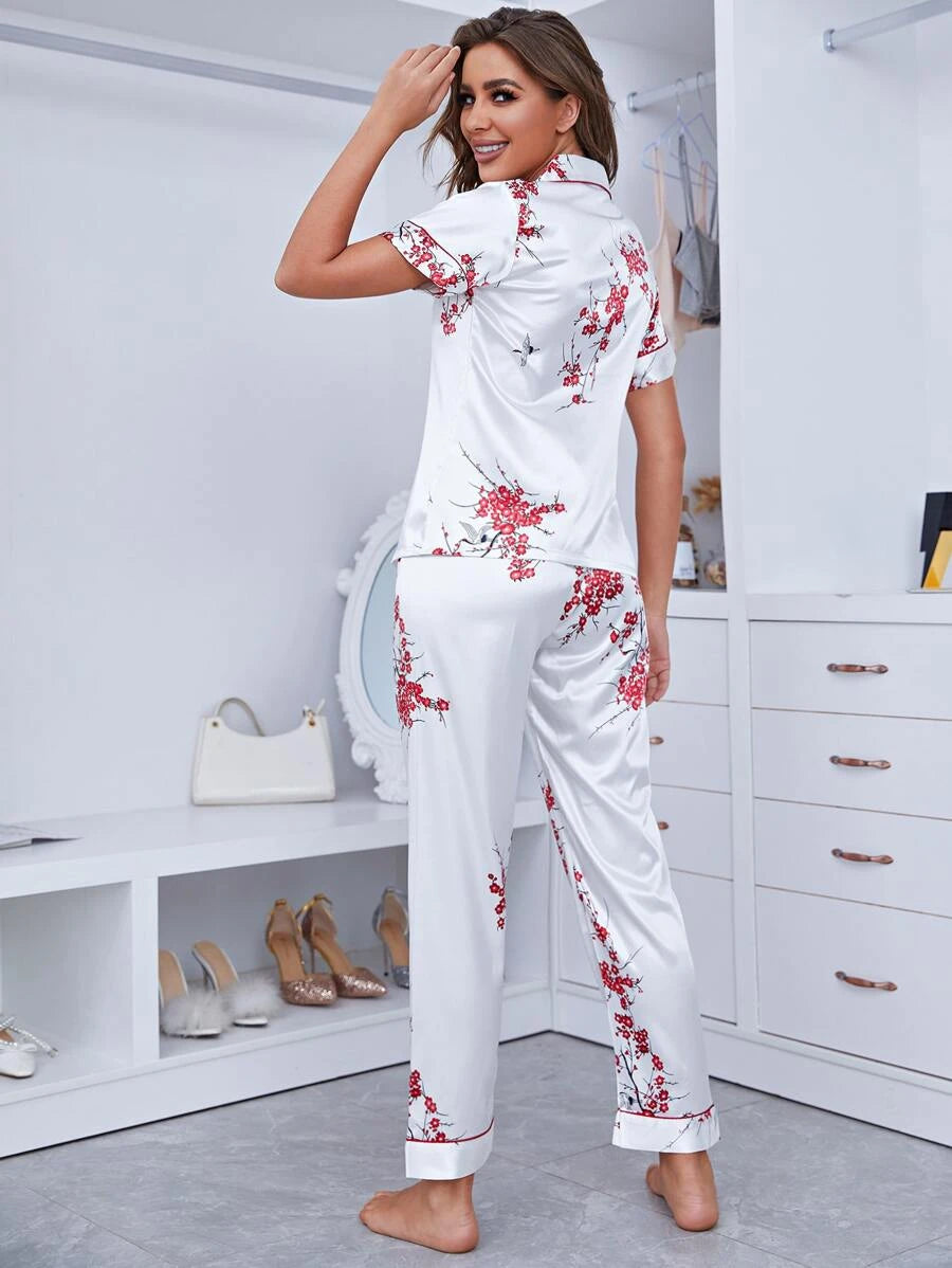 Notch Collar Floral Satin Blouse And Pants Set-Soco Hoodie