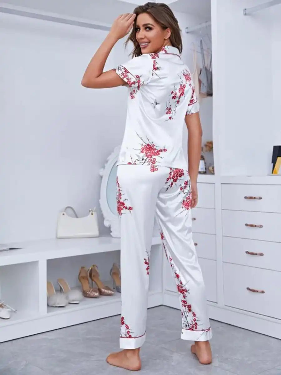 Notch Collar Floral Satin Pajama Set-Soco Hoodie