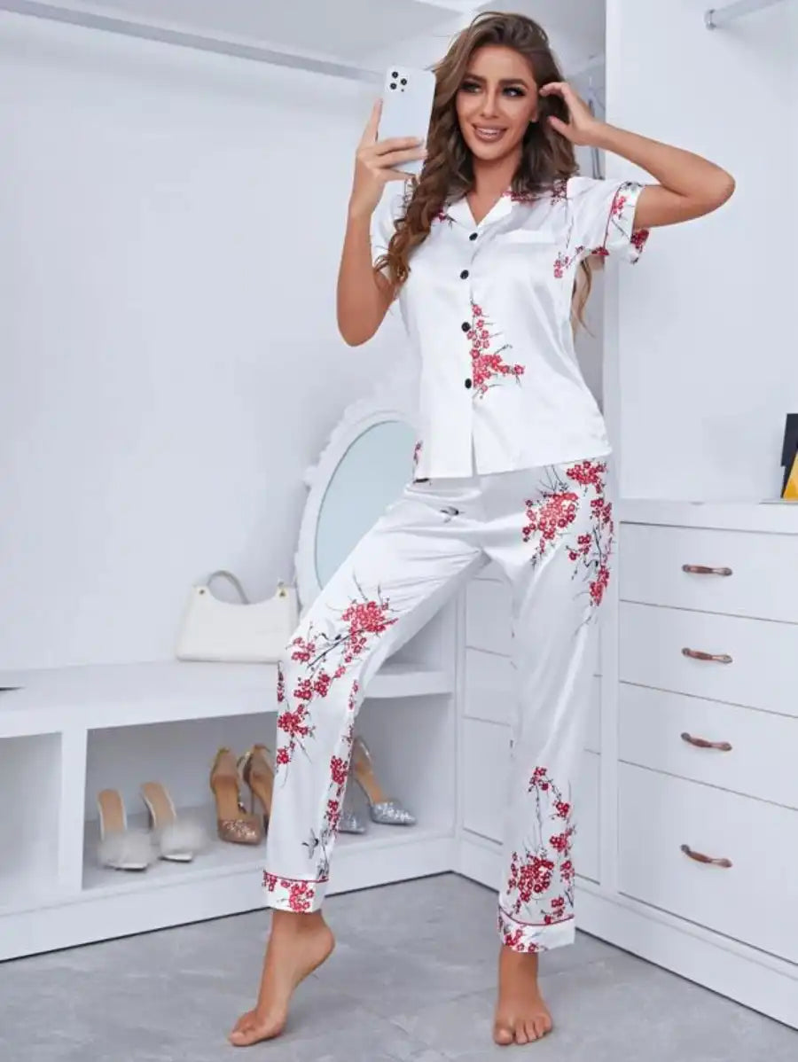 Notch Collar Floral Satin Pajama Set-Soco Hoodie