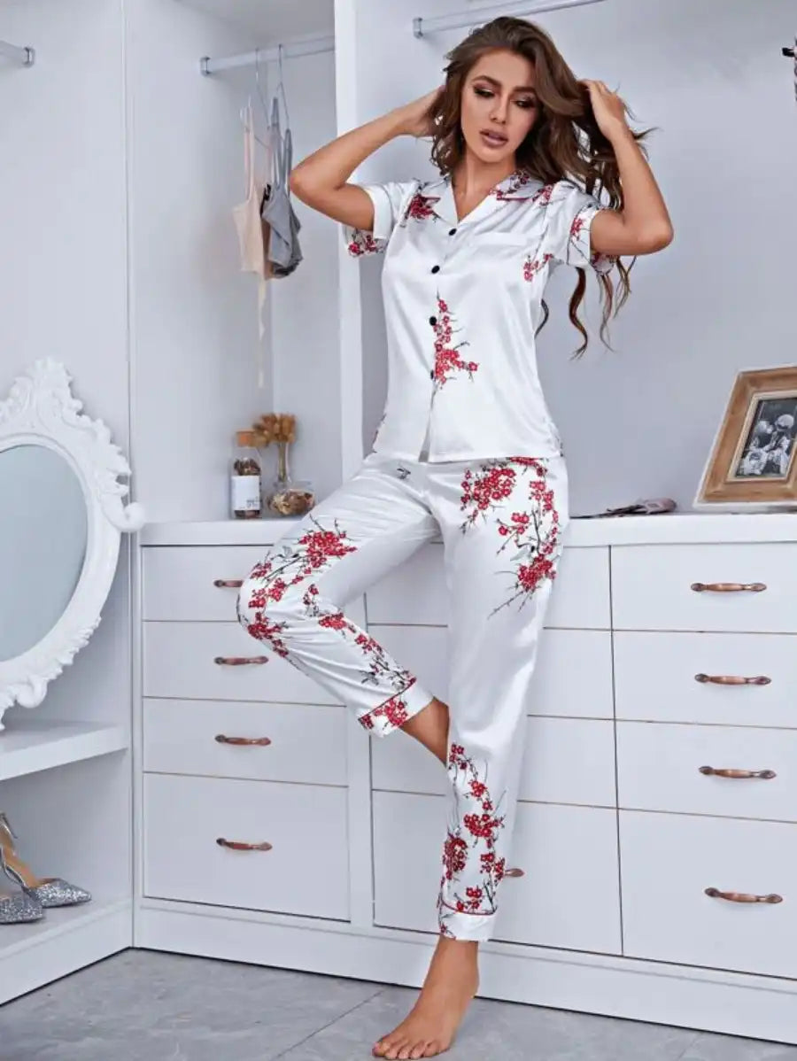 Notch Collar Floral Satin Pajama Set-Soco Hoodie