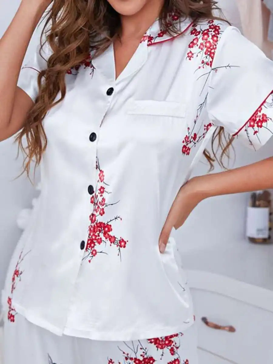 Notch Collar Floral Satin Pajama Set-Soco Hoodie