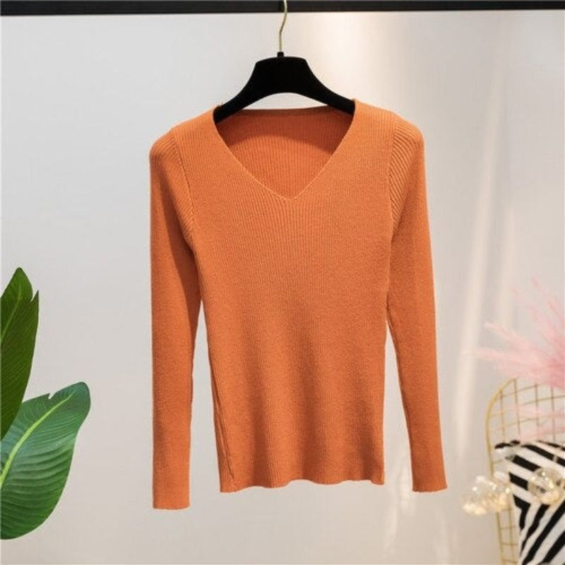 V-Neck Knitted Long-Sleeved Slim Tight Pullover For Women-Soco Hoodie
