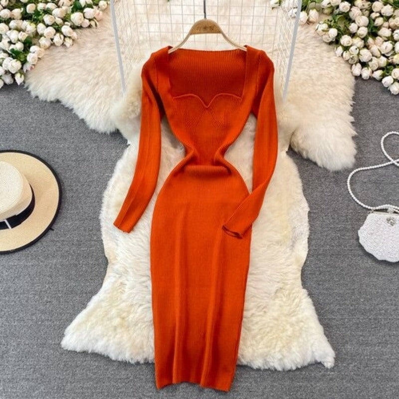 Elegant Low Neck Tight Stretch Knit Dress For Women-Soco Hoodie