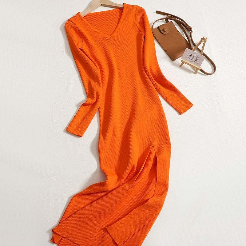 V-Neck Knitted Slim Dress For Women-Soco Hoodie