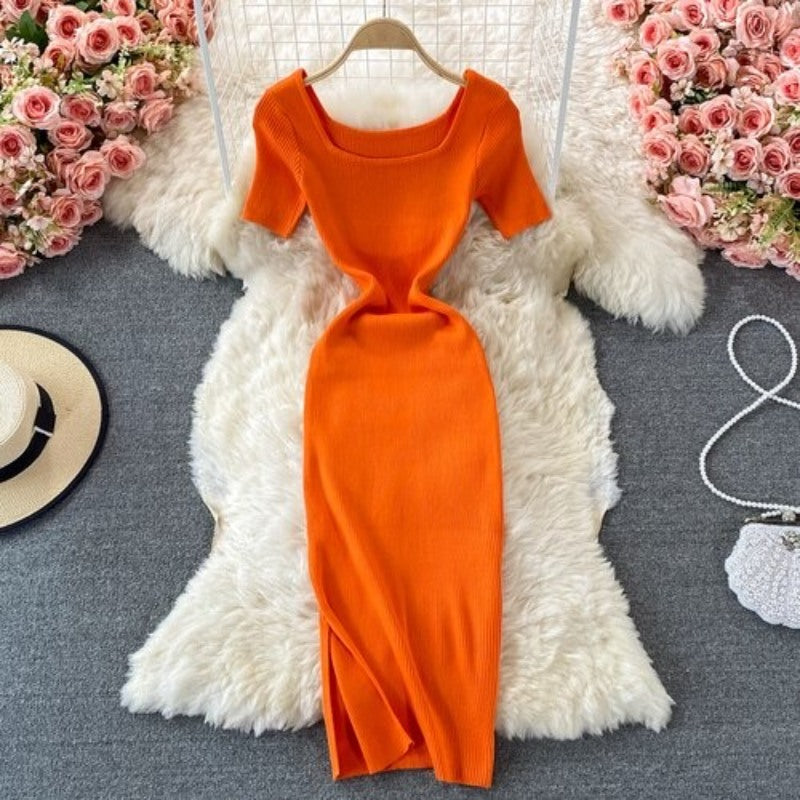 Retro Slit Slim Knitted Short Sleeve Dress For Women-Soco Hoodie
