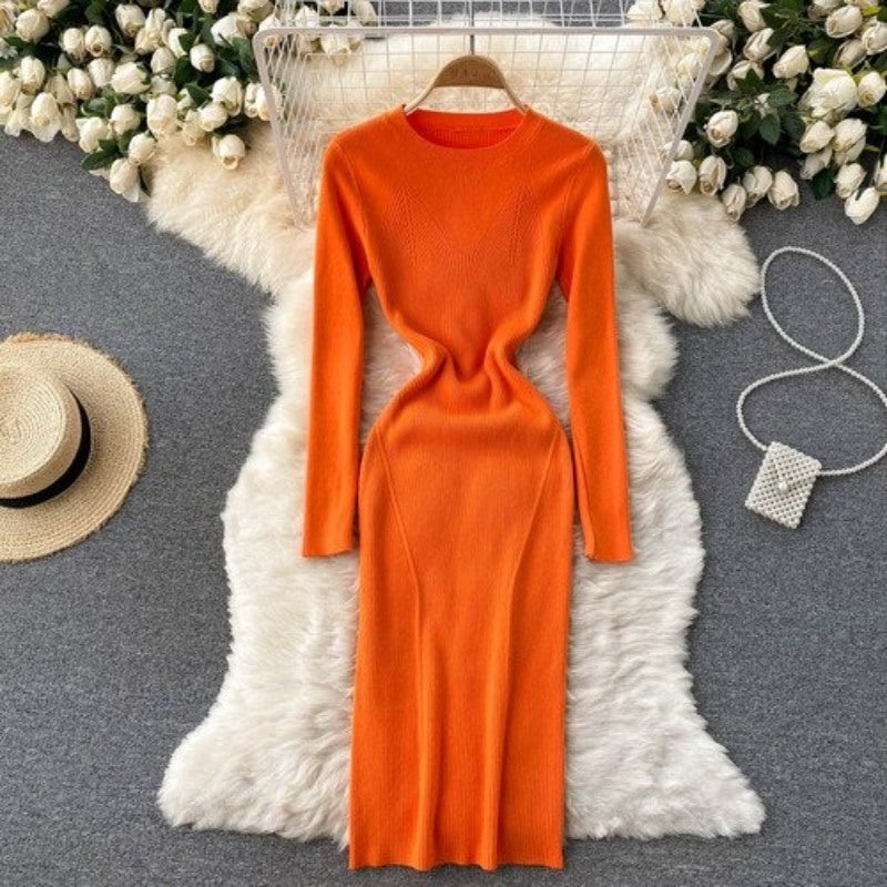 Elegant O Neck Tight Stretch Knit Dress For Women-Soco Hoodie